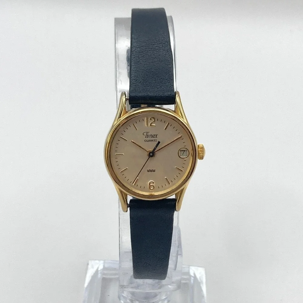 Vintage Timex Womens Watch 22mm Gold Tone Linen Dial Date New Battery SMALL 7.5